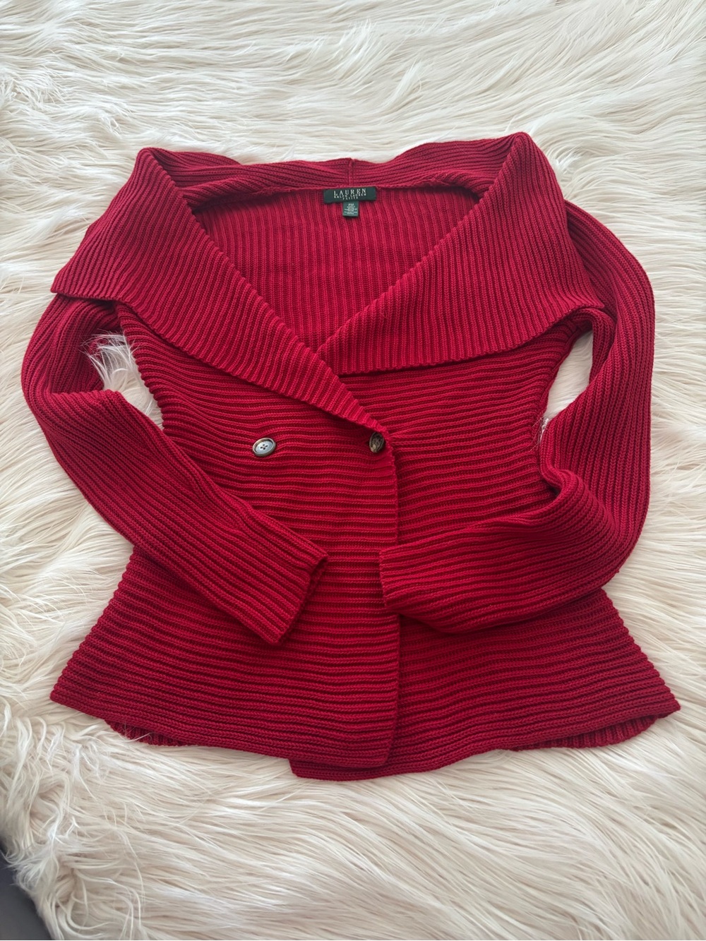 Ralph Lauren Deep Red Ribbed Shawl-Collar Cardigan